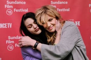 Frances Bean Cobain,  executive producer and Courtney embrace.. (Photo by Chris Pizzello/Invision/AP)